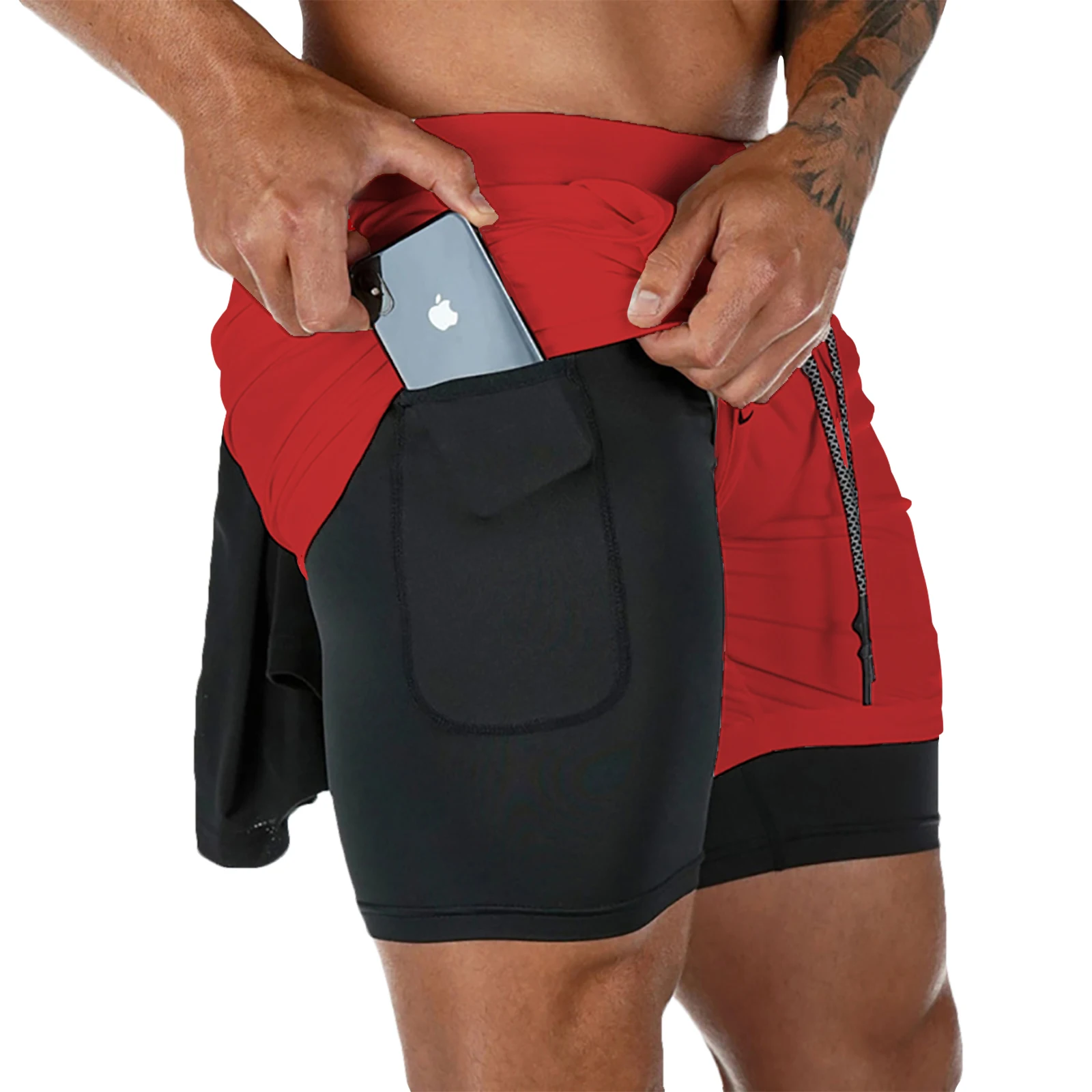 Color: GRAY, Size: M - Men's Double Layer Fitness Shorts Drawstring Mesh Lining Elastic Waist Breathable Quick Dry to Beach Pool Summer Male
