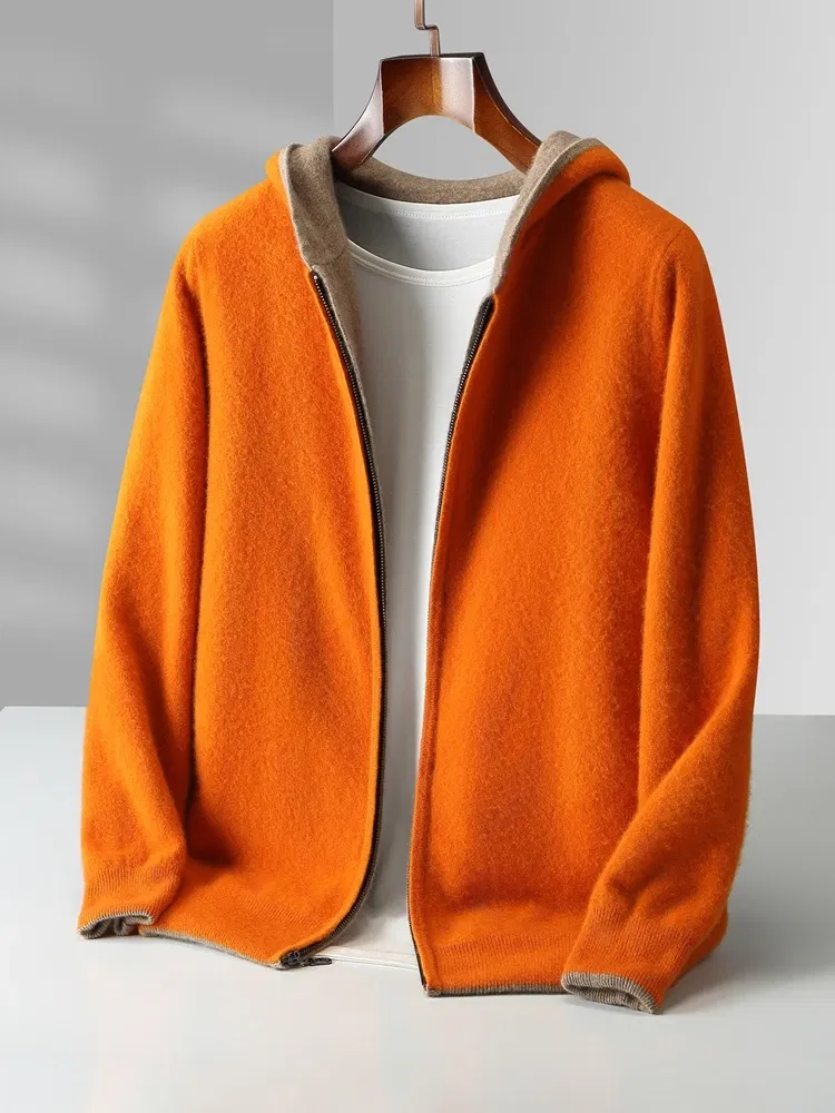 Color: Champagne, Size: XXL - Reversible Men's Wool Cardigan Sweater Autumn Winter Hooded  Solid 100% Merino Wool Knitted Casual Simple Man Jackets Thick Warm