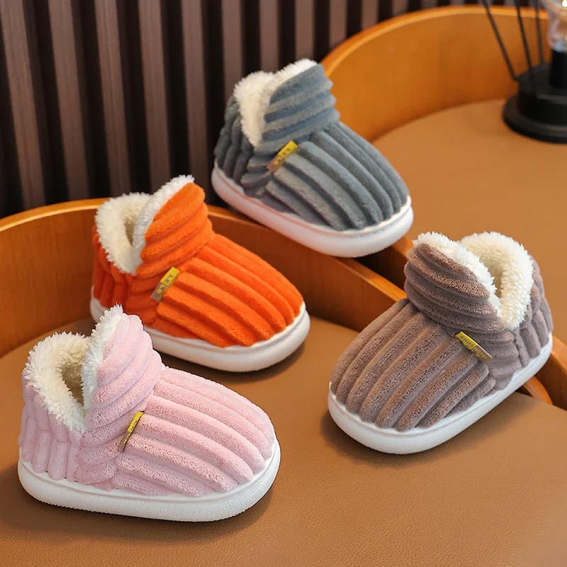Color: Pink, Shoe Size: 4 - New Winter Concise Stripe Plush Slippers Children's Non-slip Soft Sole Kids Boys Girls Heel Wrap Warm High Home Cotton Shoes