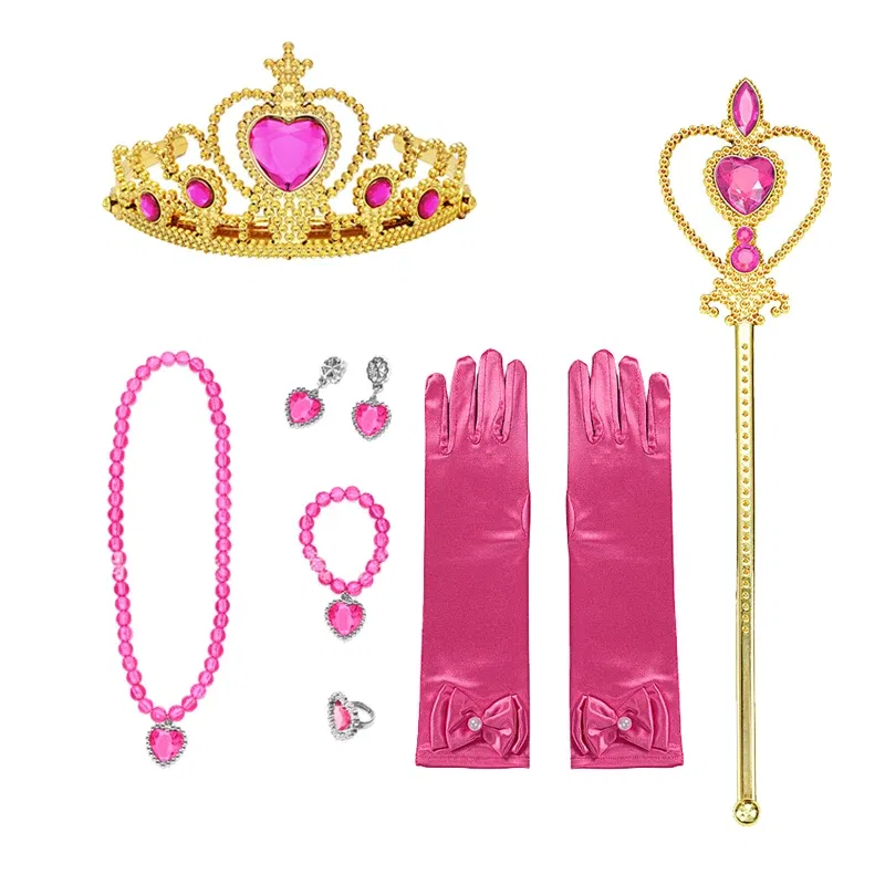 Color: Burgundy - Baby Girls Accessories Princess Peach Accessory Children Pink Headband Crown Wig Necklace Party Aurora Cosplay Dress Up Outfits