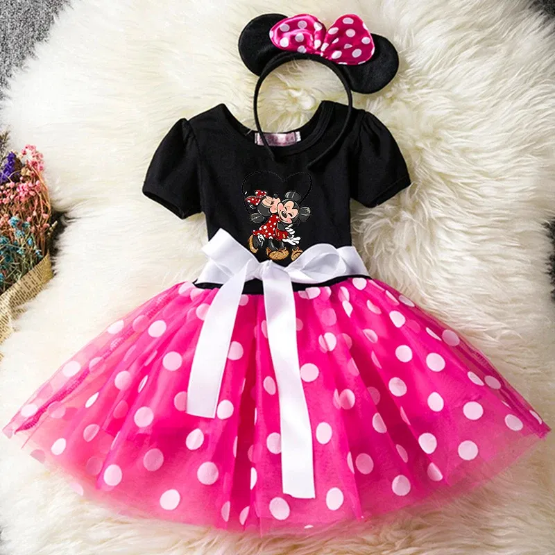 Color: green, Size: L - Mickey Minnie Mouse Cartoon Kids Short Sleeve Polka Dot Princess Dress Party Baby Girls Clothes Cosplay Costumes 1-6Y