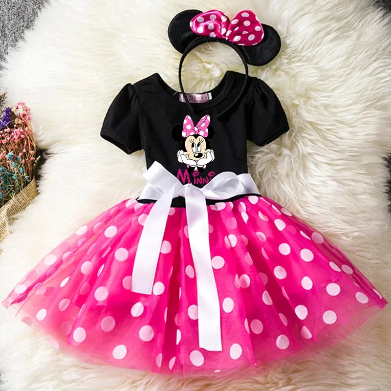 Color: green, Size: L - Mickey Minnie Mouse Cartoon Kids Short Sleeve Polka Dot Princess Dress Party Baby Girls Clothes Cosplay Costumes 1-6Y