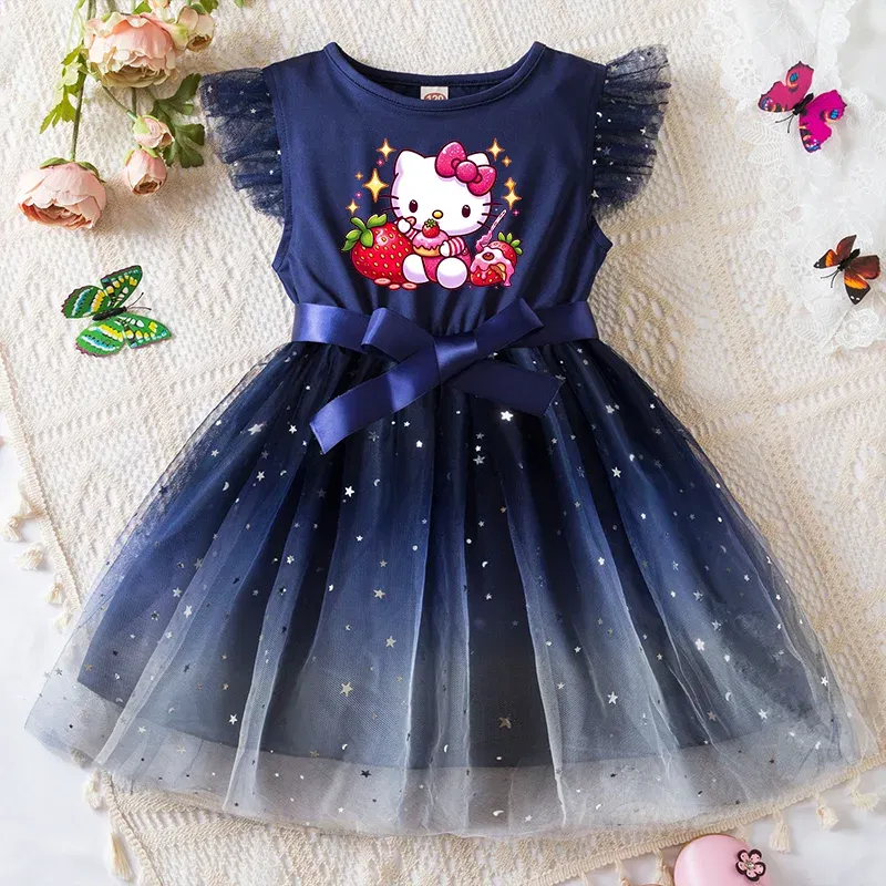 Color: Rose Red, Kid Size: 9 - Hello Kitty Girls Sequin Tutu Dress with Bow Flutter Sleeves Summer Princess Party Outfit for Toddler Kids 2-6 Years