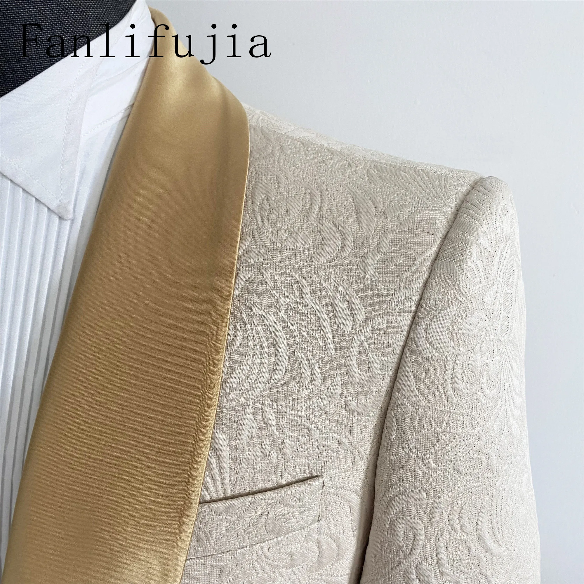 Color: Champagne, Size: XXL - Fanlifujia Mens Wedding Suits 2023 Italian Design Custom Made Champagne Smoking Tuxedo Jacket 2 Piece Groom Terno Suits For Men