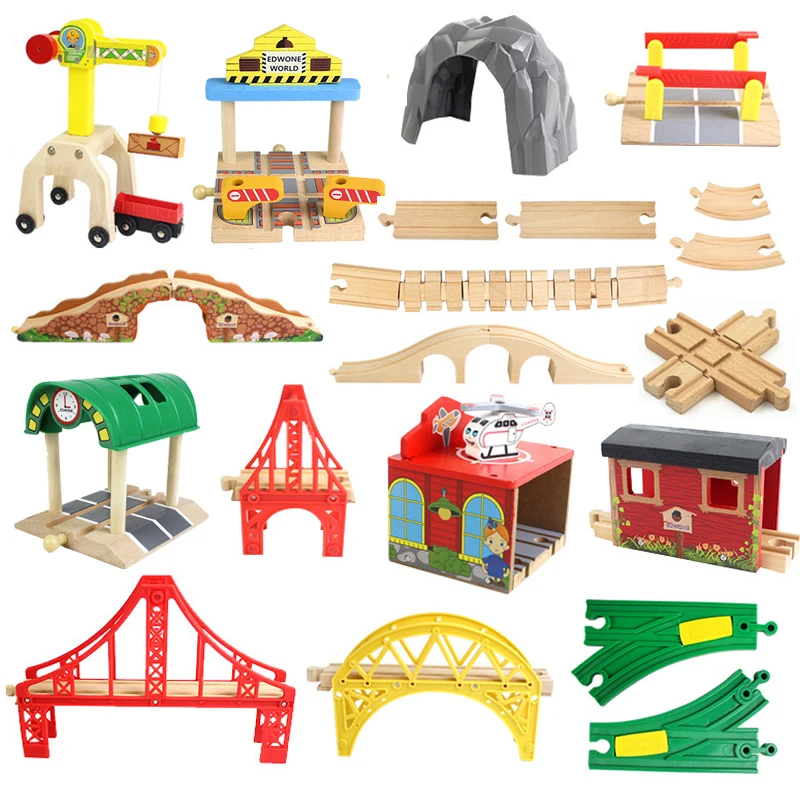 Color: Black - Wooden Bridge Tunnel Urban Rail Overpass Traffic Car Toy Scene Combined Train Rail Track Wooden Accessories Beech Turntable DIY