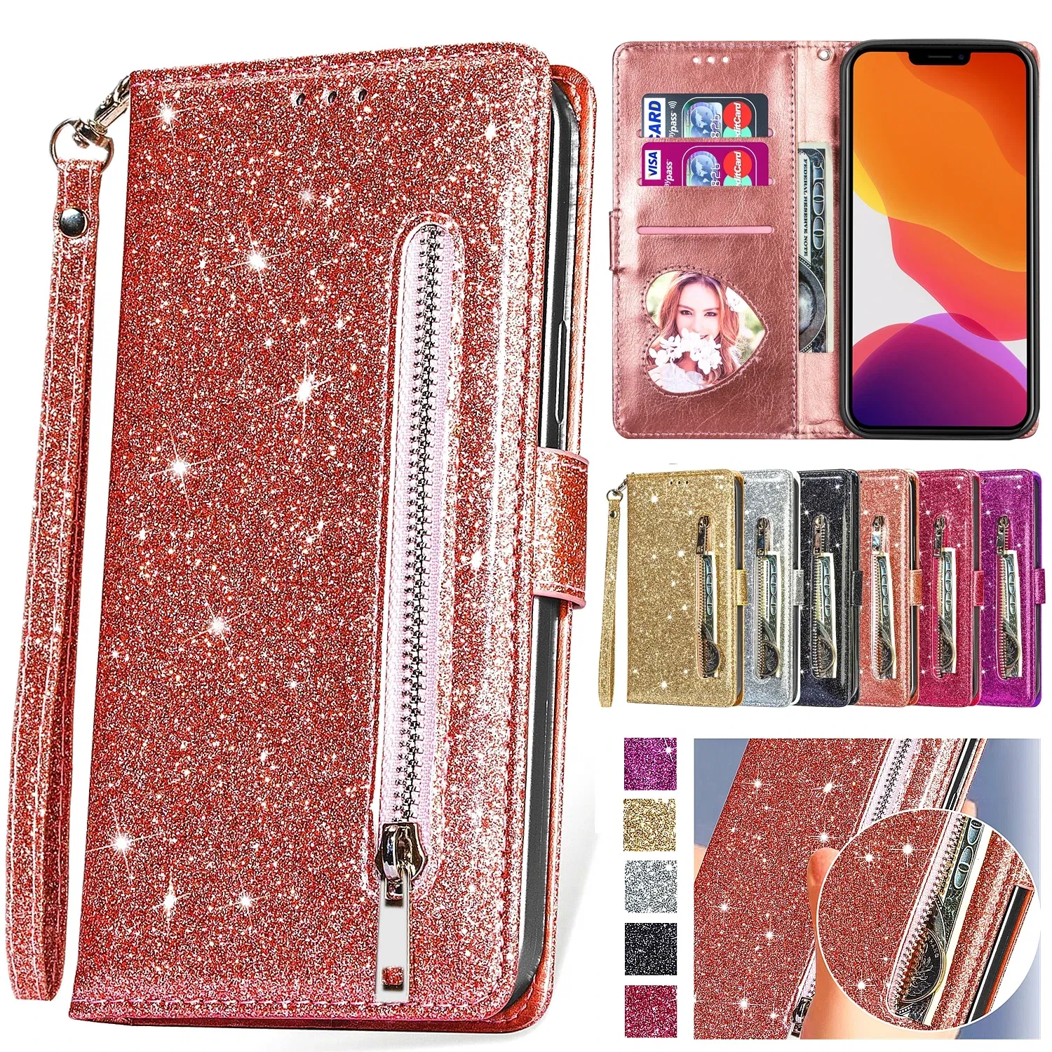 Color: black, Material: PU - Zipper Flip Wallet Glitter Leather Case for iPhone 16 15 14 13 12 11 Pro Max XS XR 8 7 Plus SE 2022 Mini Bling Stand Phone Cover