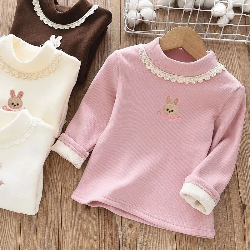 Color: Beige, Kid Size: 4T - 1pcs Children's T-Shirts Rabbit Embroidery Velvet warm top Kids Half High Collar Long Sleeve Base Shirt Girls Tshirts Clothes