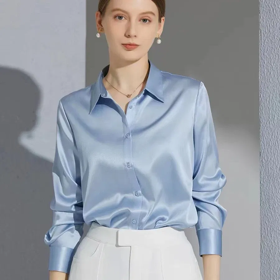 Color: Blue, Size: 4XL - All-match Satin Finish Shirts And Blouses Women Clothing Casual Top OL Long Sleeve Button Elegant Shirts French Solid Blouses