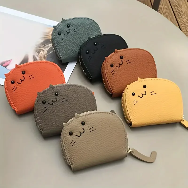 Color: Coffee - Cartoon Cat shaped design Wallet Women's Multi-card slots Holder Cute Fashion Faux Leather Coin Purse Creative ID Card Holder