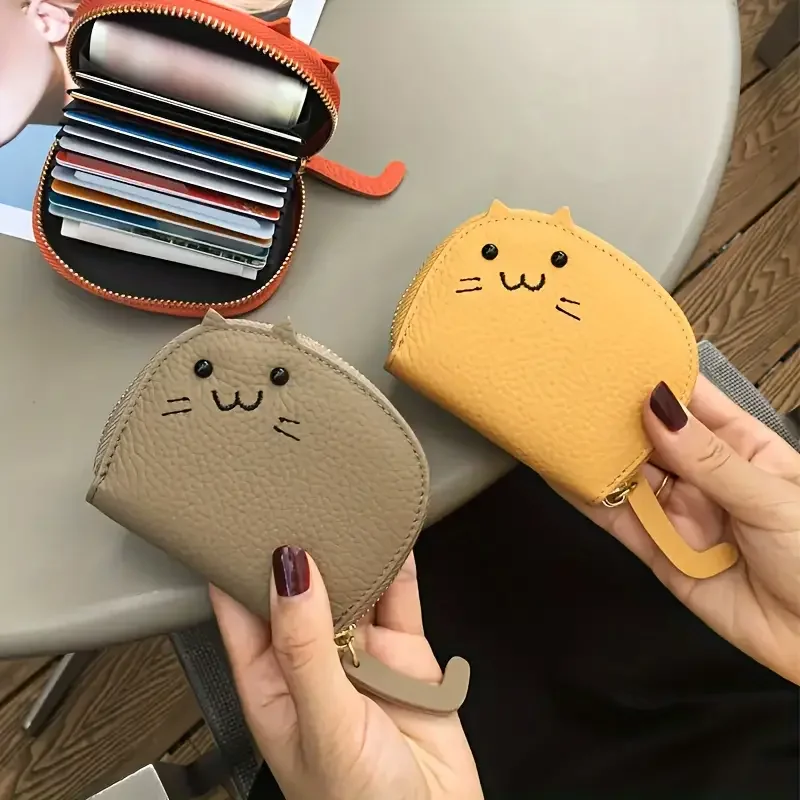 Color: Coffee - Cartoon Cat shaped design Wallet Women's Multi-card slots Holder Cute Fashion Faux Leather Coin Purse Creative ID Card Holder