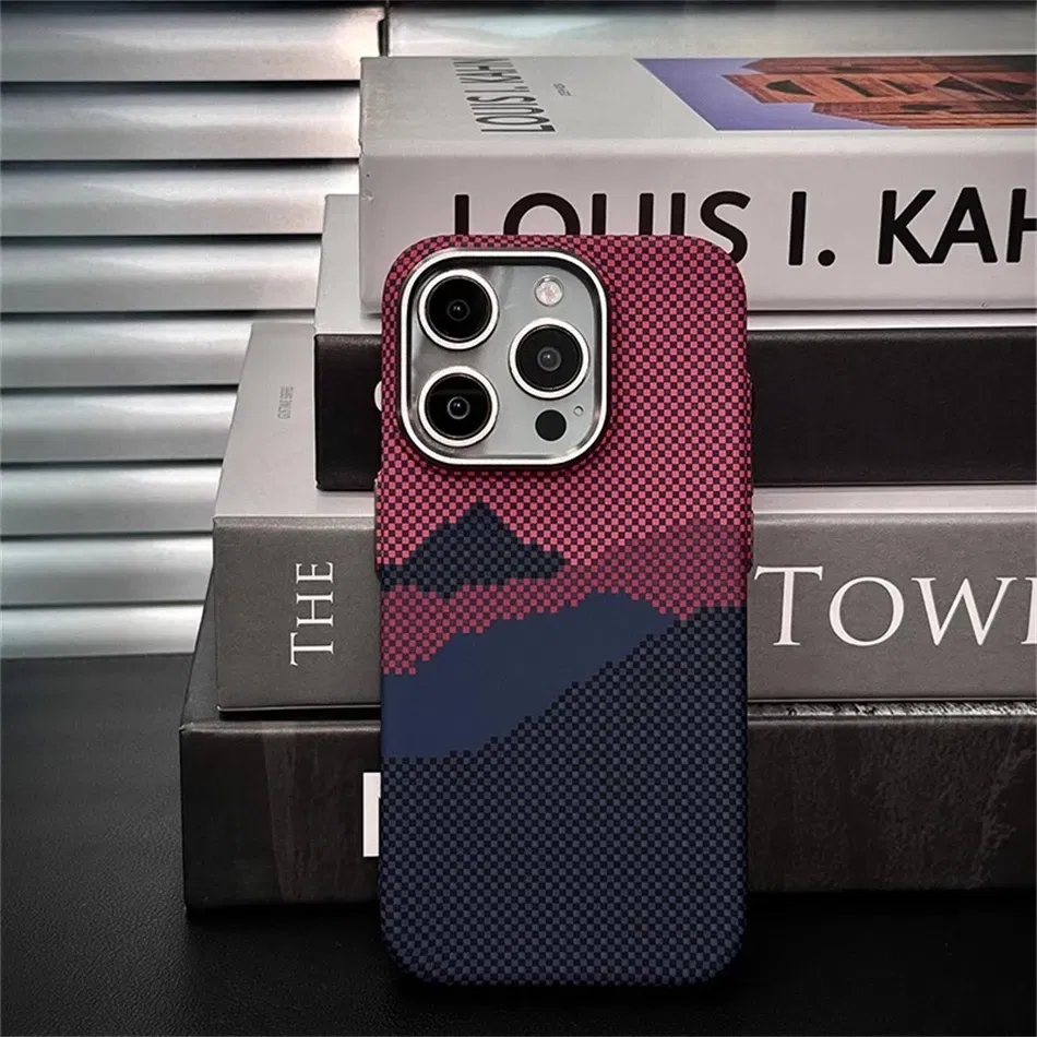 Color: SKY BLUE, Material: PE - Luxury Alloy Lens 3D Relief Peak Carbon Fibre Pattern Case For iPhone 13 14 15 16 Pro Max Slim Shockproof PC Cover For Magsafe