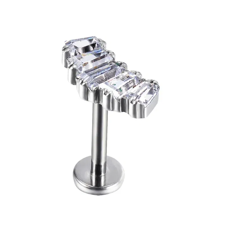 Metal color: Silver Plated, Main Stone Color: WHITE, Ships From: CHINA - G23 Titanium Ear Studs 5 Oblong CZ Blaze Curve Top Threaded Labret PIERC Lip Stud Ear Cartilage Tragus Helix Piercing Jewelry