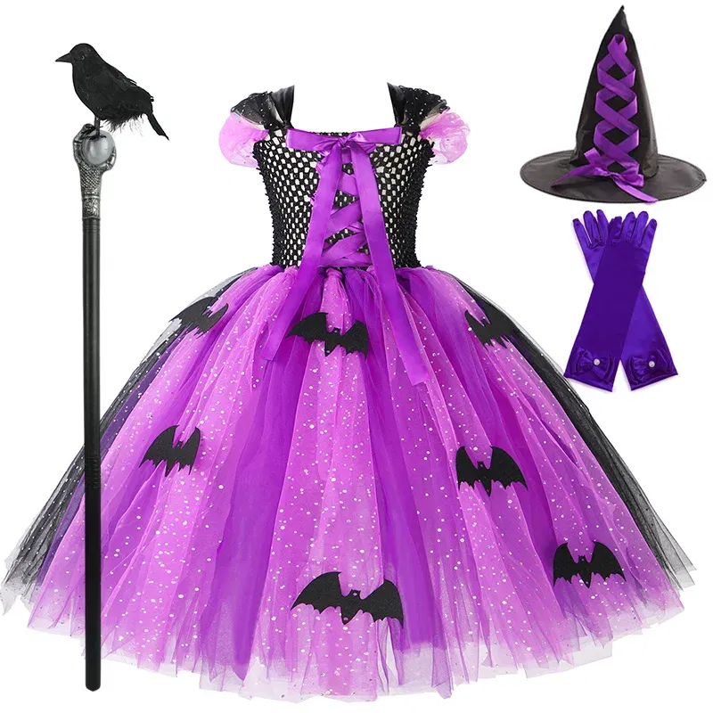 Color: Dark Grey, Kid Size: 2T - Halloween Witch Tutu Dress for Girls Handmade Mesh Bat Wizard Cosplay Costumes with Hat Broom Toddler Evil Party Clothes Set