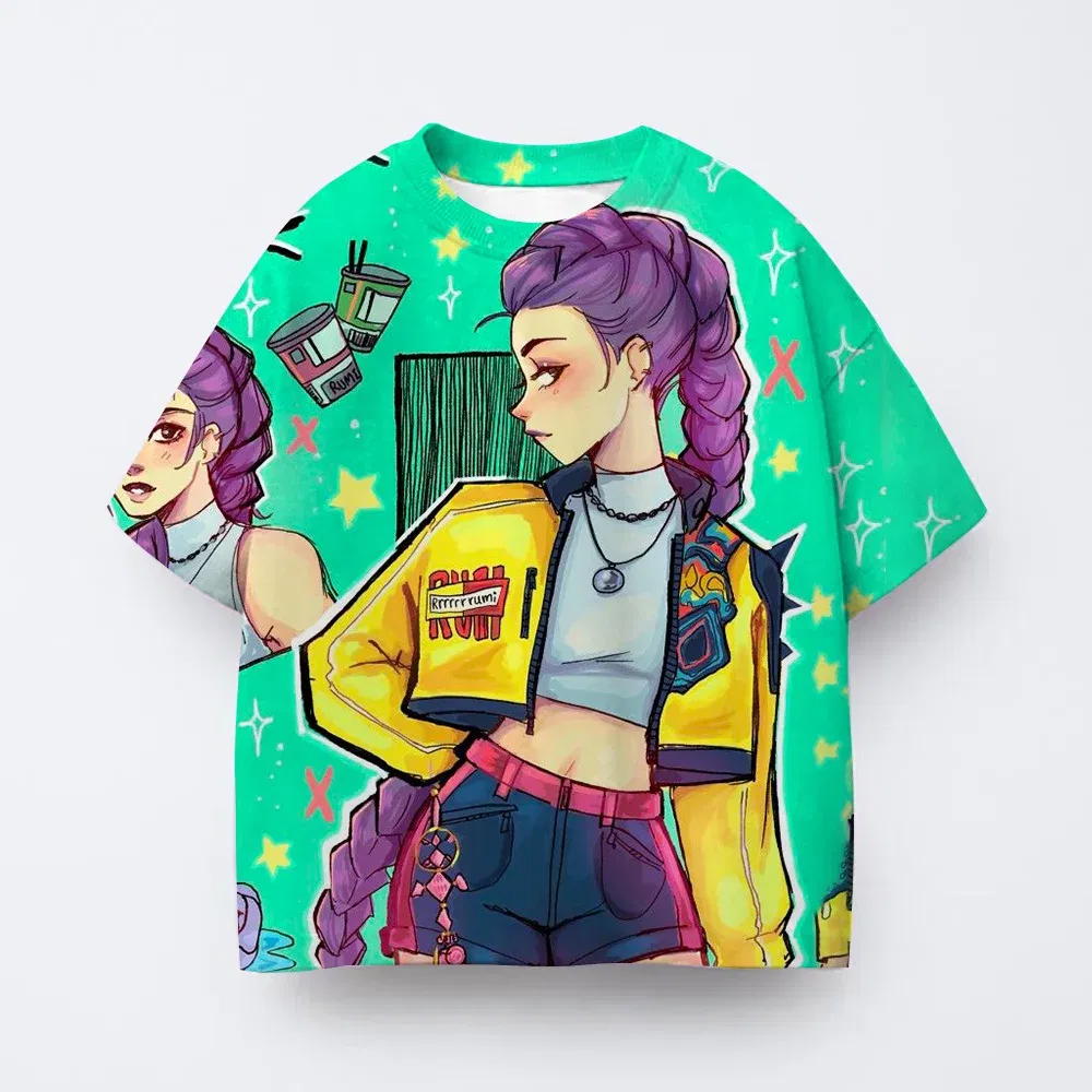Color: Khaki, Kid Size: 4T - Toddler Girl Clothes Kpop Demon Hunters Cartoon Tee Shirt Funny Gift for Fans Harajuku Cool Kids T-shirts Cotton Summer Tops