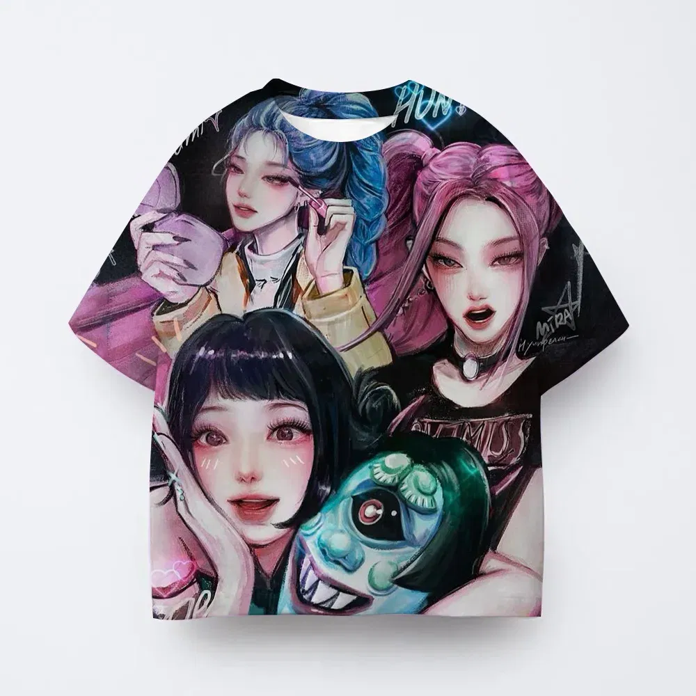 Color: Khaki, Kid Size: 4T - Toddler Girl Clothes Kpop Demon Hunters Cartoon Tee Shirt Funny Gift for Fans Harajuku Cool Kids T-shirts Cotton Summer Tops