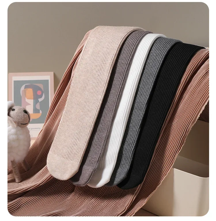 Color: GRAY, Size: XXS - Autumn Winter New Thin Plush Vertical Stripe Solid Color Girls' Pantyhose With Plush Warm Children's Bottom Socks and Panties