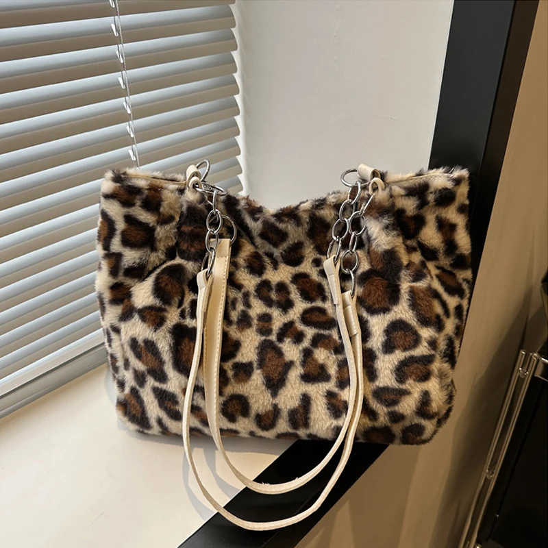 Color: Beige - National Style Simple Women Leopard Tote Bag Lady Luxury Fluffy Shoulder Bag Chain Large Capacity Commuter Handle Bag