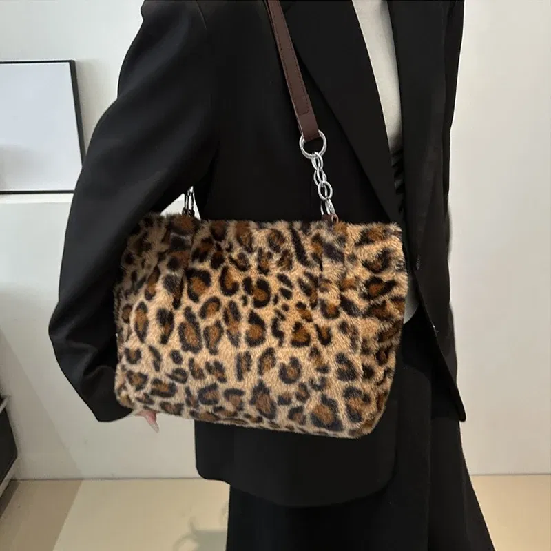 Color: Beige - National Style Simple Women Leopard Tote Bag Lady Luxury Fluffy Shoulder Bag Chain Large Capacity Commuter Handle Bag