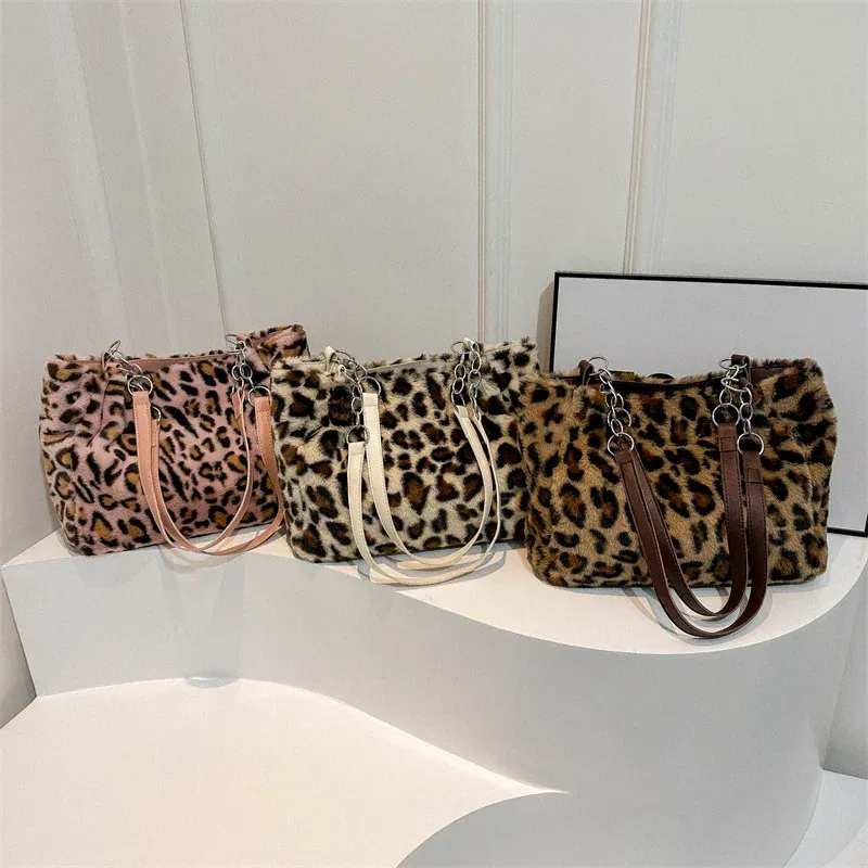 Color: Beige - National Style Simple Women Leopard Tote Bag Lady Luxury Fluffy Shoulder Bag Chain Large Capacity Commuter Handle Bag