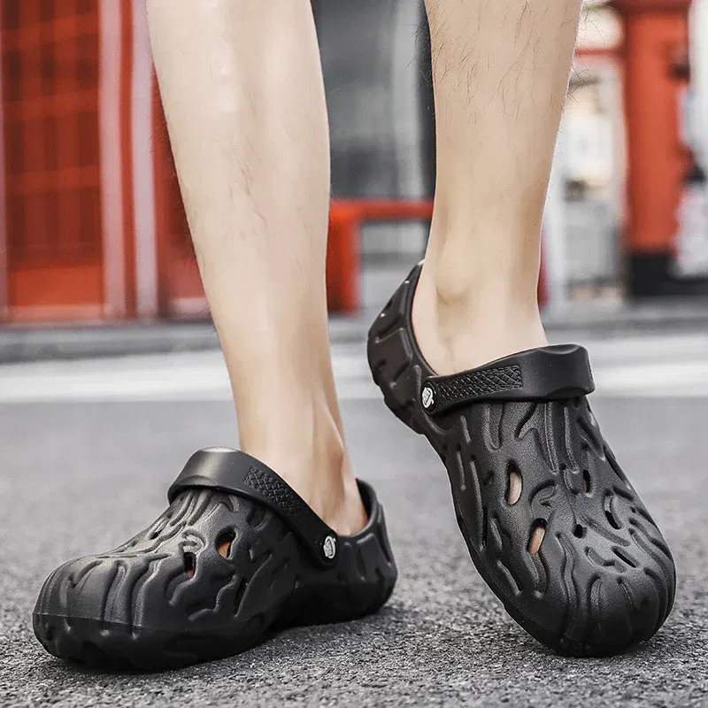 Color: Gold, Shoe Size: 43 - Men Summer Slippers Thick Sole Mens Clogs Sandals Hollow Breathable Flip Flops Sandals Shoes Fashion Beach Slippers