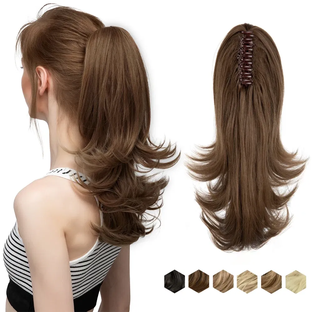Color: 1B/27HL, Bulk Buy: 1pc, Stretched Length: 14inches - Synthetic Claw Clip In Ponytail Hair Extensions Wavy Hairpiece 14" Fake Blonde Black Hair False Pigtail With Elastic Band