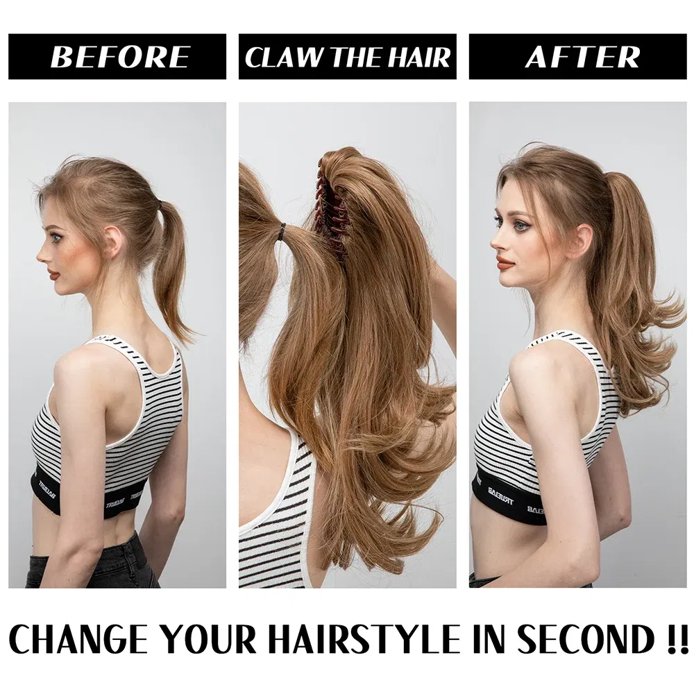 Color: 1B/27HL, Bulk Buy: 1pc, Stretched Length: 14inches - Synthetic Claw Clip In Ponytail Hair Extensions Wavy Hairpiece 14" Fake Blonde Black Hair False Pigtail With Elastic Band