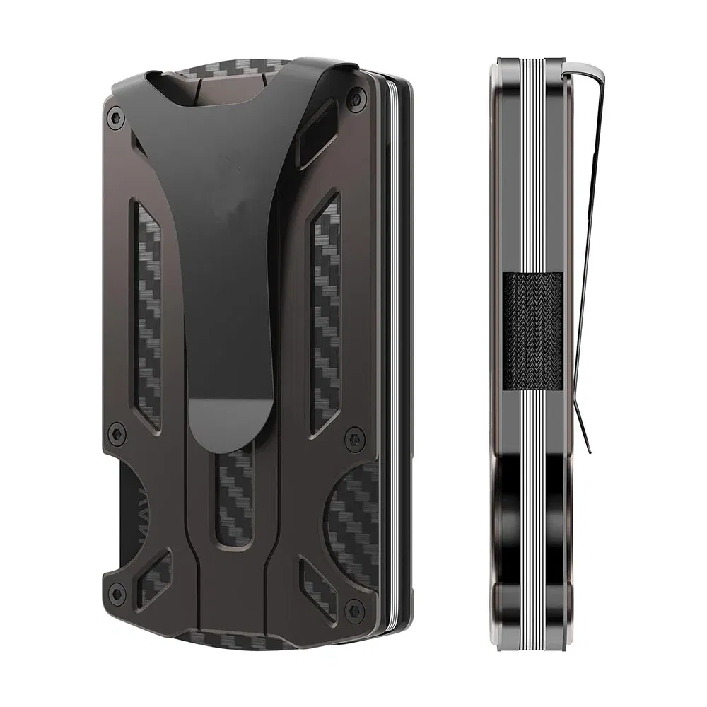 Color: dark blue - Metal Wallet for Men Minimalist Slim RFID Blocking Front Pocket Tactical Carbon Fiber wallet Card Holder with Money Clip