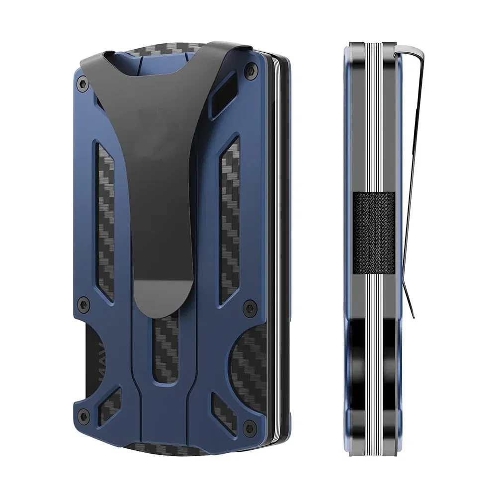 Color: dark blue - Metal Wallet for Men Minimalist Slim RFID Blocking Front Pocket Tactical Carbon Fiber wallet Card Holder with Money Clip