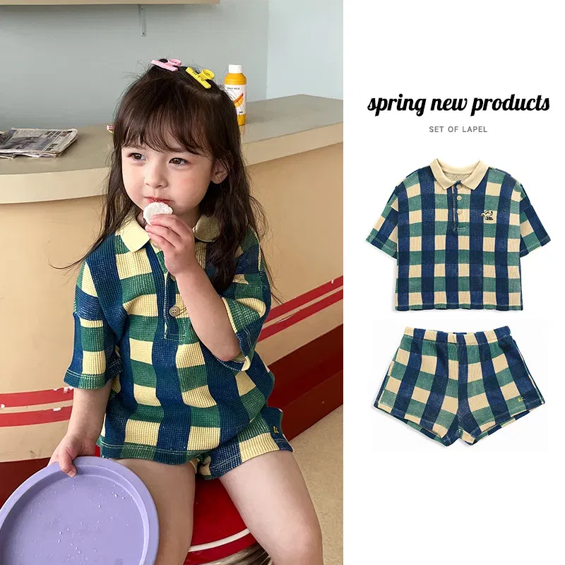 Color: Green, Kid Size: 5T - 2024 INS Children's T-shirt Summer Girls Korean Style Sweet and Cute Dress Polo Top Waffle Set Clothing