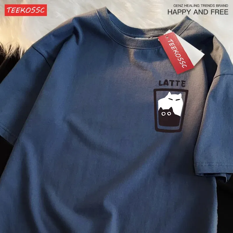 Color: Clear, Size: XL - Mocha Latte Couple Outfit Cat Coffee Couple Male T-Shirts Graphic Cool Tee Shirt High-Quality Oversized Tshirt Comfort Soft