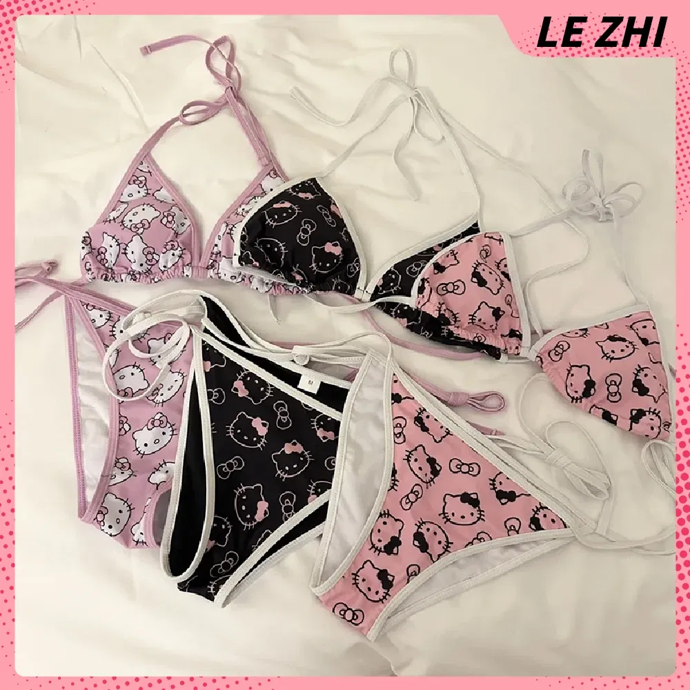 Color: Fluorescence Yellow, Size: S - Kawaii Hello Kitty Bikini Cartoon Printing Two-piece Swimsuit Euro-american Spice Girl Underwear Sexy Bikini Holiday Gift