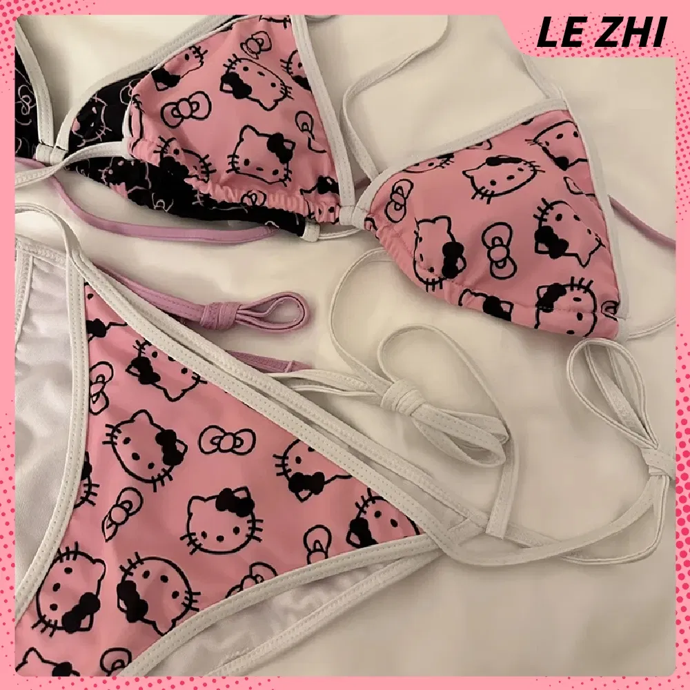 Color: Fluorescence Yellow, Size: S - Kawaii Hello Kitty Bikini Cartoon Printing Two-piece Swimsuit Euro-american Spice Girl Underwear Sexy Bikini Holiday Gift