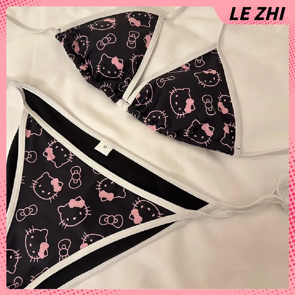 Color: Fluorescence Yellow, Size: S - Kawaii Hello Kitty Bikini Cartoon Printing Two-piece Swimsuit Euro-american Spice Girl Underwear Sexy Bikini Holiday Gift