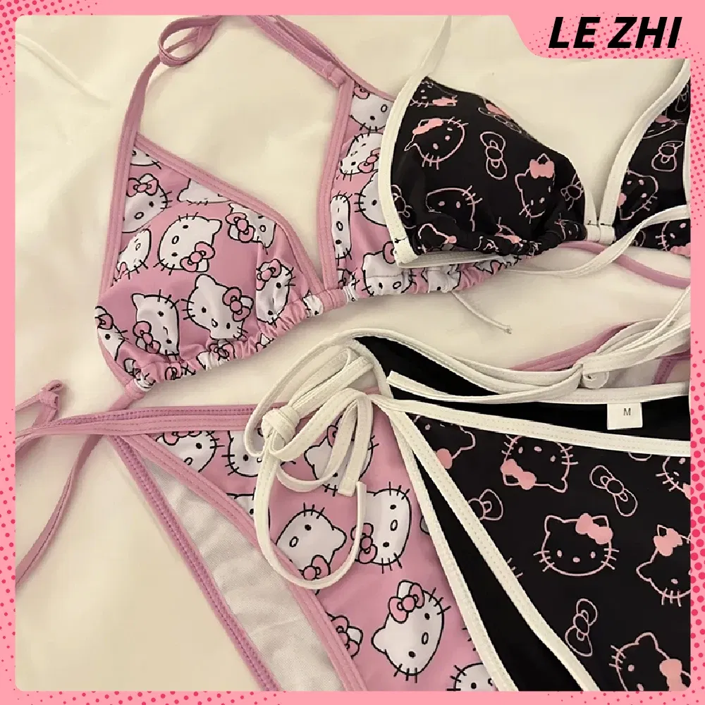 Color: Fluorescence Yellow, Size: S - Kawaii Hello Kitty Bikini Cartoon Printing Two-piece Swimsuit Euro-american Spice Girl Underwear Sexy Bikini Holiday Gift