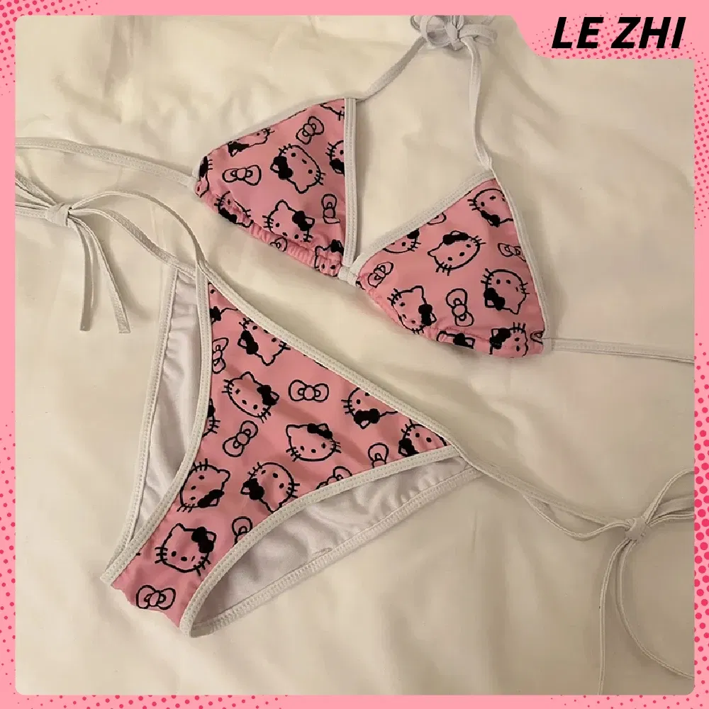 Color: Fluorescence Yellow, Size: S - Kawaii Hello Kitty Bikini Cartoon Printing Two-piece Swimsuit Euro-american Spice Girl Underwear Sexy Bikini Holiday Gift