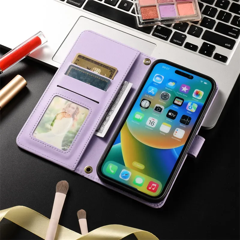 Material: PE, Color: light green - Long lanyard Flip Leather Phone Case for Samsung Galaxy S24 Ultra S23 FE S22 S21 S20 S10 Plus Wallet Card Cover Coque