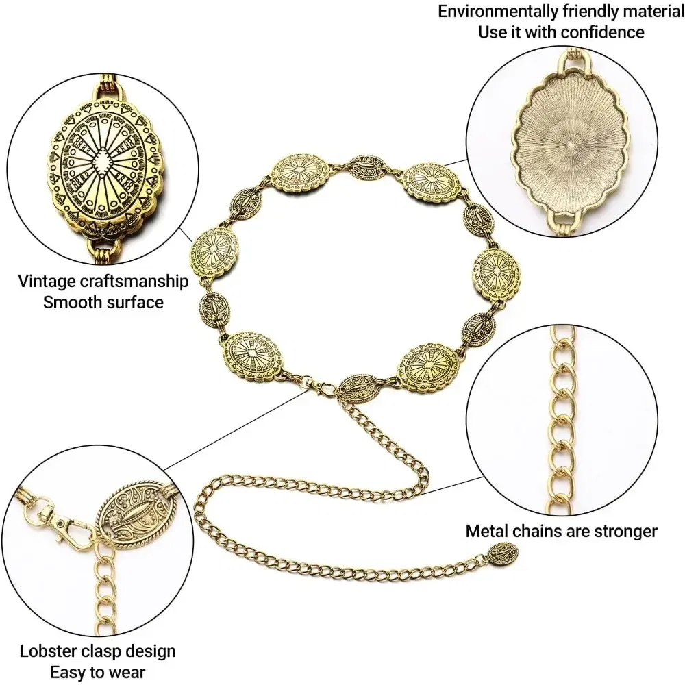 Color: MULTI, Belt Length: 120cm - Metal Chain Belt for Women Cowgirl Western Country Chain Belts Adjustable Concho Belt for Sweaters Dresses Jeans