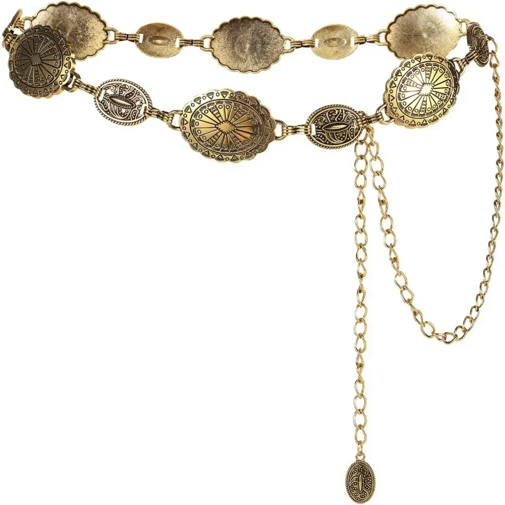 Color: MULTI, Belt Length: 120cm - Metal Chain Belt for Women Cowgirl Western Country Chain Belts Adjustable Concho Belt for Sweaters Dresses Jeans