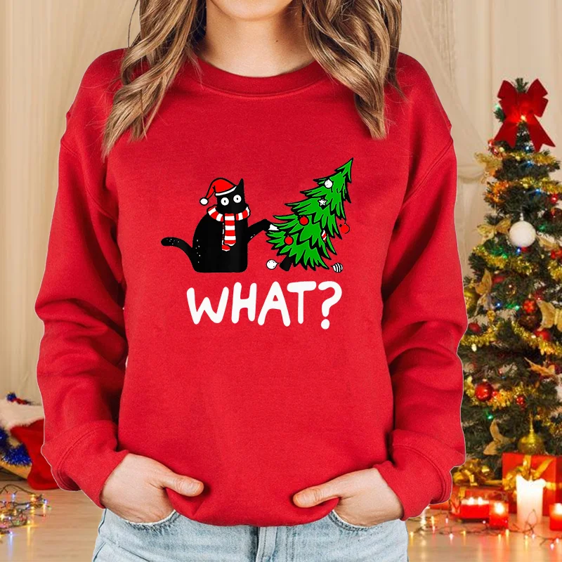 Color: SKY BLUE, Size: M - New fashion women's Christmas cat sweater long-sleeved round neck pullover sweater fall and winter Christmas women's tops