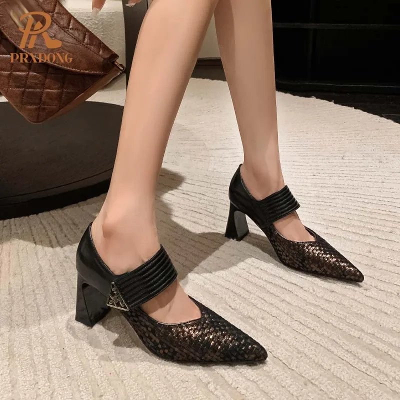 Color: Brown, Shoe Size: 33 - PRXDONG Genuine Leather Women Pumps 2025 New Spring Summer High Heels Pointed toe Black Brown Dress Party Female Shoes Size 40