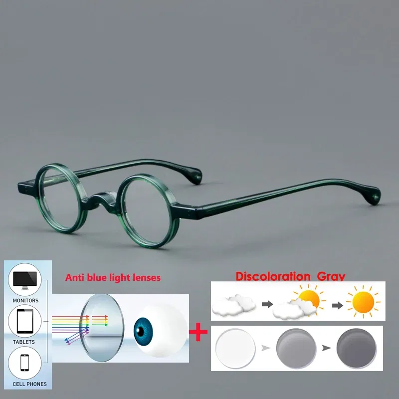 Frame Color: Dark Brown, Eye Prescription: 0 - VCKA Photochromic Acetate Myopia Glasses Men Retro Small Round Frames Women Custom prescription Anti-Blue  Eyewear -0.5 TO -10
