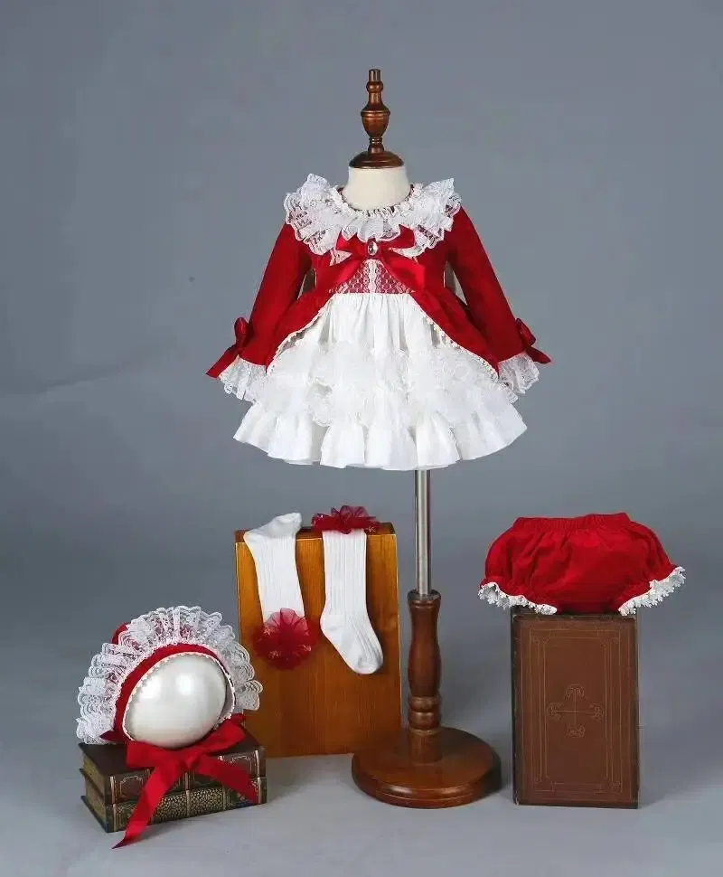 Kid Size: 6T - 4PCS Baby Girl Autumn Winter Spring Red Velvet Vintage Spanish Princess Dress Lolita Christmas Birthday Wedding Party C1