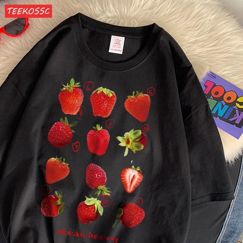 Color: black, Size: S - 100% Cotton Women T-shirt Cute Fresh Strawberries Printed Tee Shirt Summer Comfortable Loose Tops Street Fashion Female Clothes