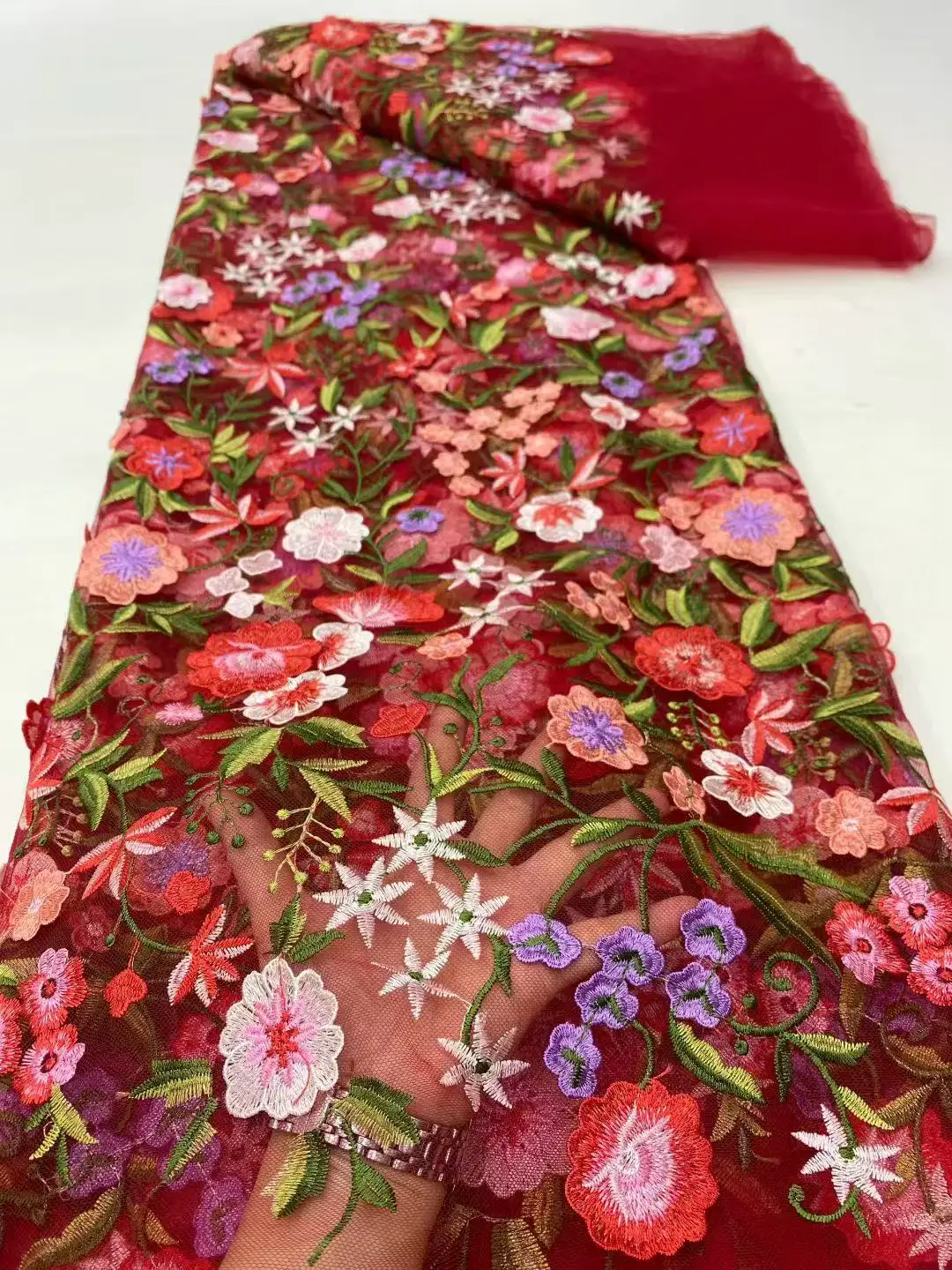 Color: Khaki, Width: 120cm, Length: 5 yards - Purple 3D Flowers French Latest Nigerian Lace Fabrics 2025 High Quality Net African Lace with Beads for Wedding Party 2025