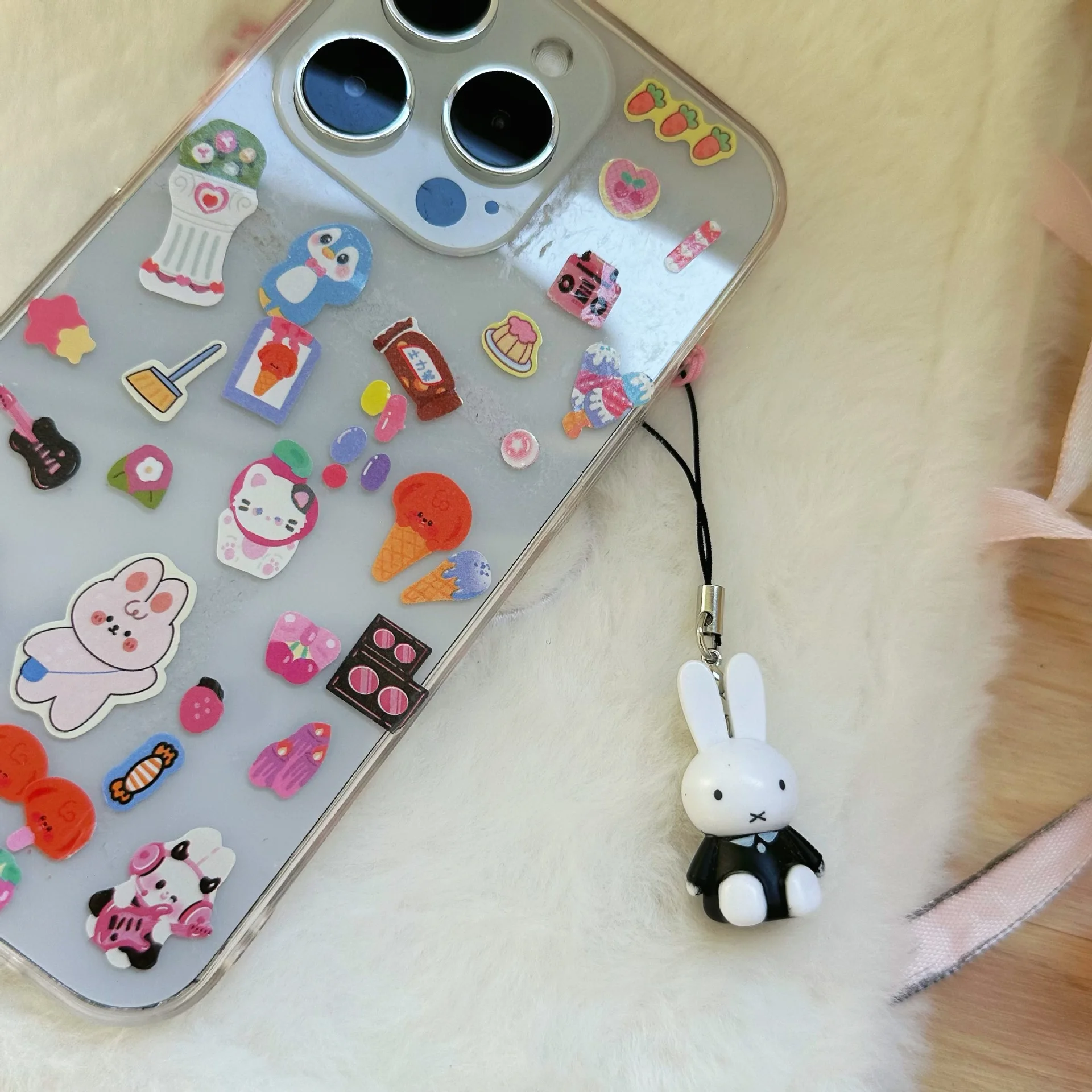 Color: Pink - Kawaii Miffy Key Chain Cartoon Cute Backpack Pendant Ornaments Mobile Phone Chain Christmas Gift