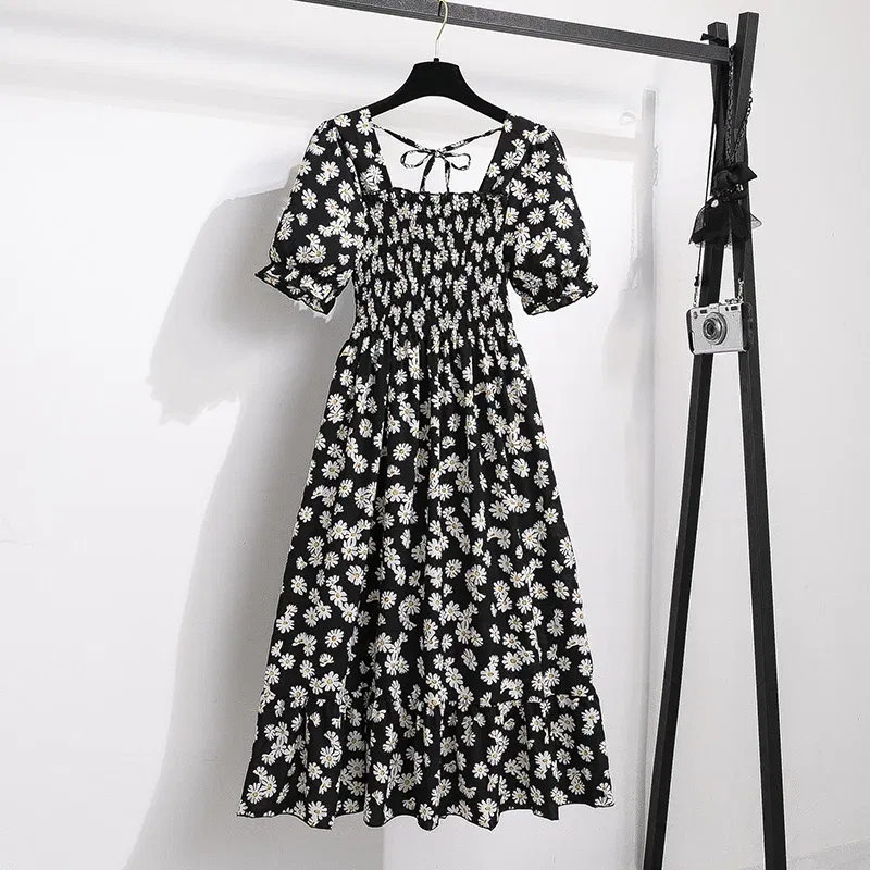 Color: Clear, Size: One Size - Spring Summer Chiffon Dresses Fashion Female Elastic Waist Short Sleeve Pleated Casual Dress Women A-line Dresses Vestidos