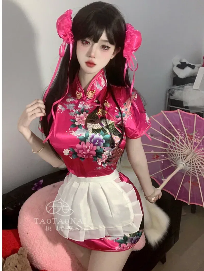 Size: S, Color: APRICOT - Sweet Chinese Cheongsam New Soft Girl Maid Cos Dress Elegant Pure Desire Girl Fashion Mini Dress Short Sleeve 2024 New 7AQF