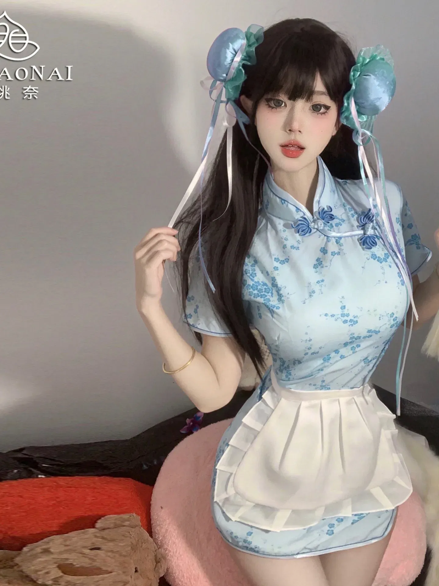 Size: S, Color: APRICOT - Sweet Chinese Cheongsam New Soft Girl Maid Cos Dress Elegant Pure Desire Girl Fashion Mini Dress Short Sleeve 2024 New 7AQF