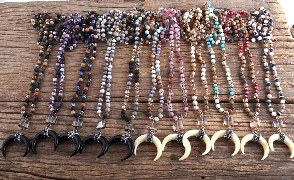 Metal Color: Rhodium Plated, Length: 45cm, Ships From: CHINA - Fashion Bohemian Jewelry Natural Stones Crystal Glass Knotted Ox Horn Moon Pendant Necklace Women Boho Necklaces  Girls