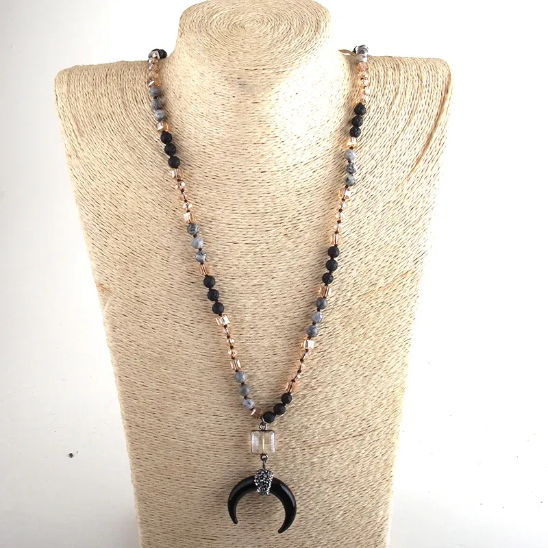 Metal Color: Rhodium Plated, Length: 45cm, Ships From: CHINA - Fashion Bohemian Jewelry Natural Stones Crystal Glass Knotted Ox Horn Moon Pendant Necklace Women Boho Necklaces  Girls